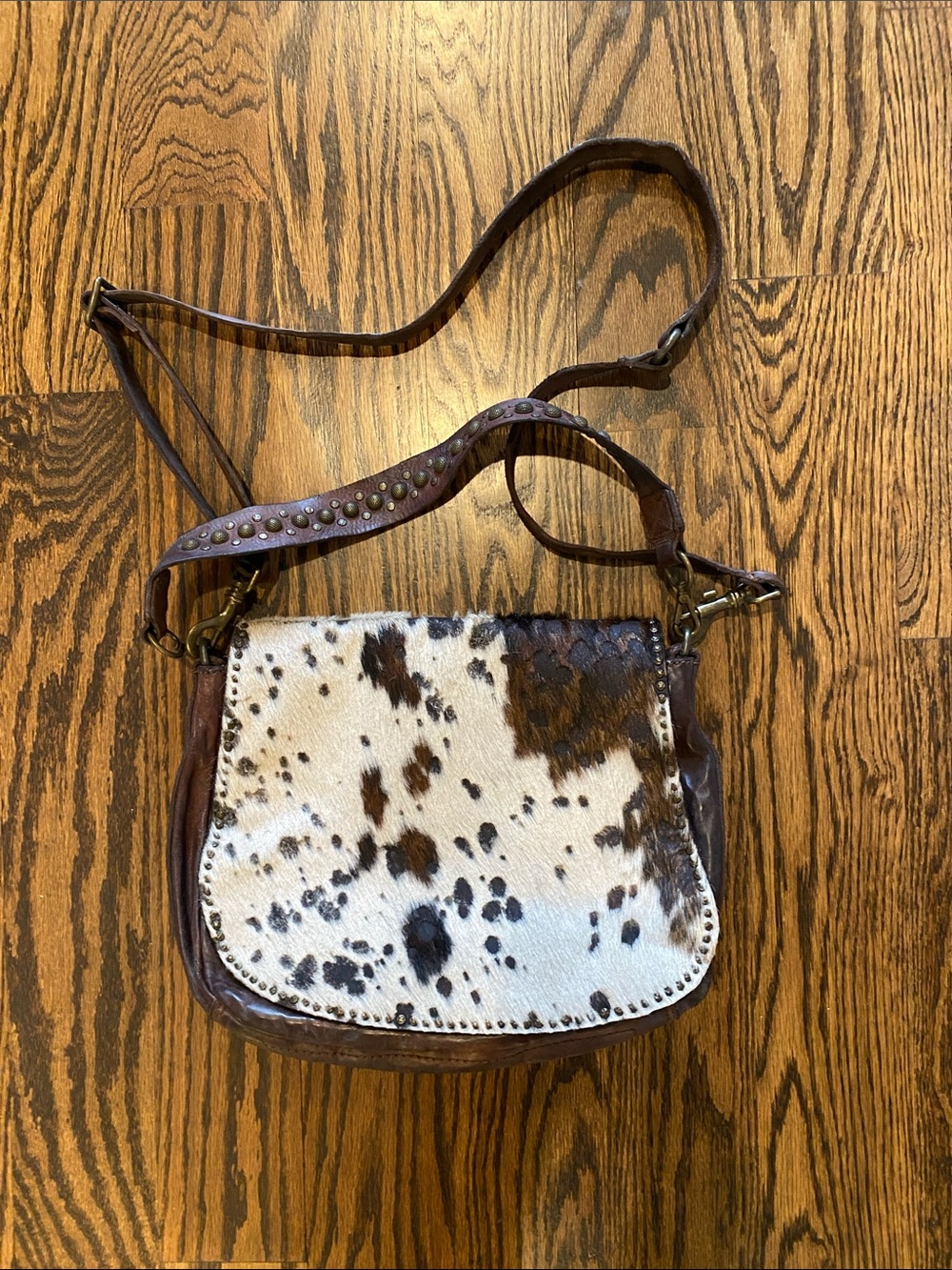 Campomaggi Brown Leather Crossbody with Brown-and-White Cowhide Flap